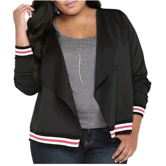 Torrid Draped Relaxed Open Front Varsity Scuba Blazer Jacket Black Womens Size 1 - Picture 5 of 5